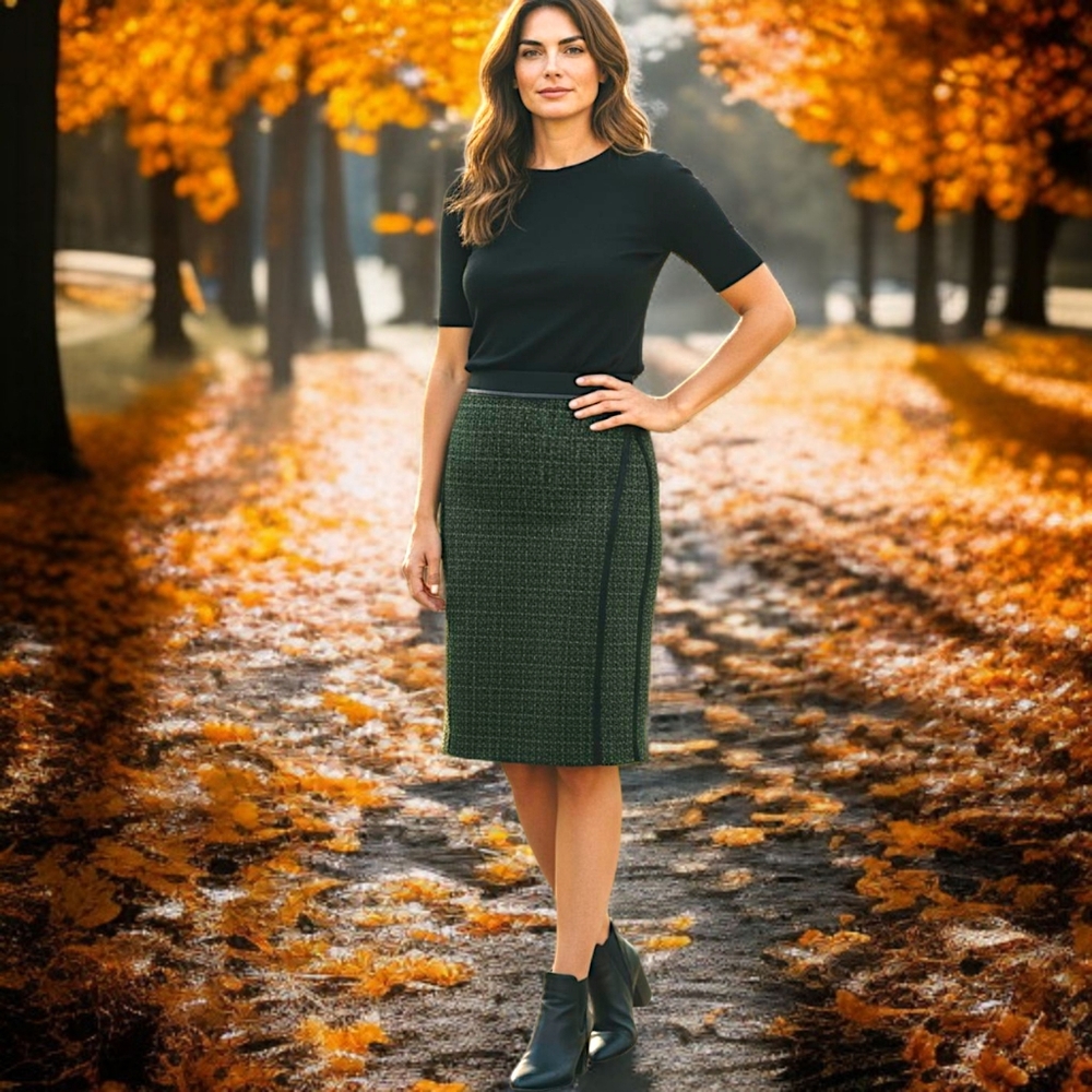 GENNY Italy Wool Pencil Skirt L Green Tweed Knee Length Office Siren Corpcore
